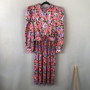 Vintage Terri Ellen Dress Womens 10 Black Floral Pleated Belted Made USA 80s